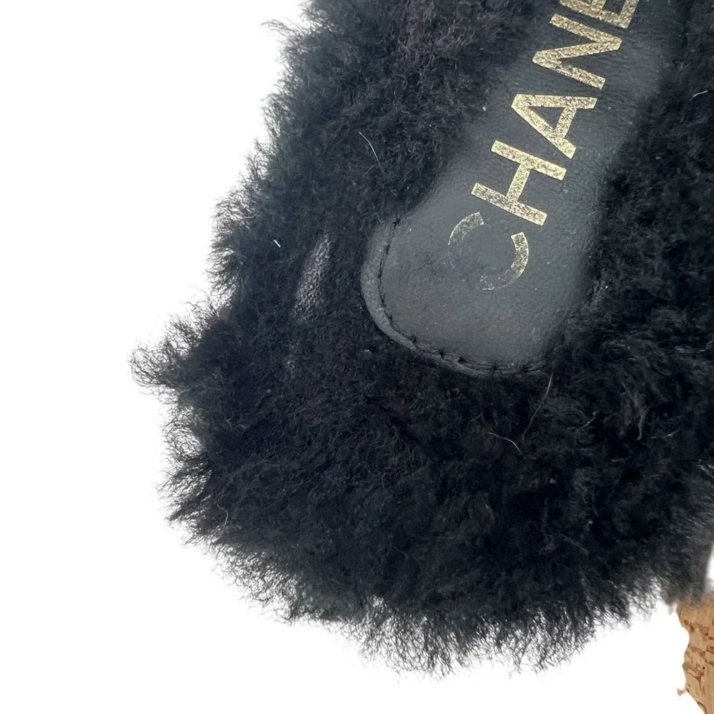 Chanel 21A Black Shearling‎ CC Turn Clasp Quilt Cork Mules Size 36